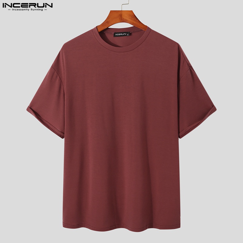 Áo thun cotton INCERUN ngắn tay màu trơn cổ thuyền đơn giản cho nam
