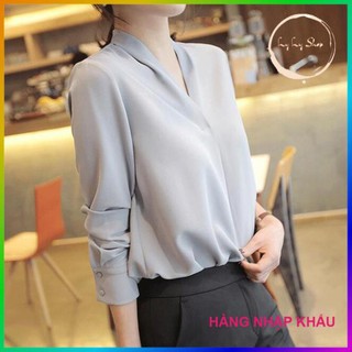 [HÀNG CAO CẤP] Áo Sơ Mi Nữ Công Sở Màu Xám Xanh Cổ Chữ V Phong Cách Hàn Quốc (kèm hình thật shop chụp) Ly Ly Shop