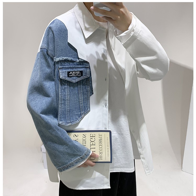 Áo Sơ Mi Nam Dài Tay Phối Jeans Ngực Phong Cách Unisex Cực Cá Tính Dành Cho Nam