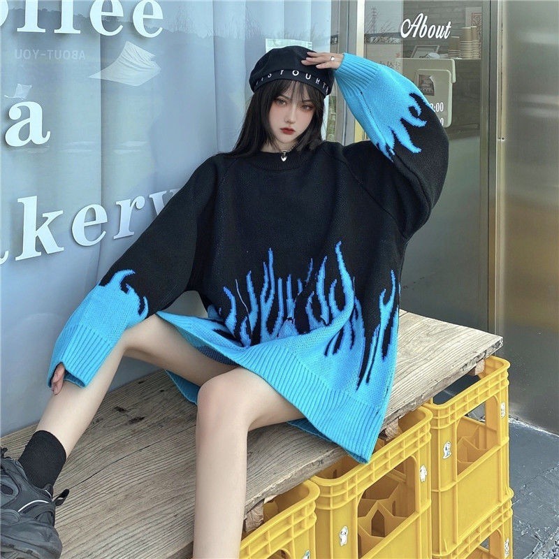 Áo sweater Dệt Kim Dày Dặn Phối Màu Ngọn Lửa Phong Cách Hàn Quốc Thời Trang Thu Đông Cho Nữ