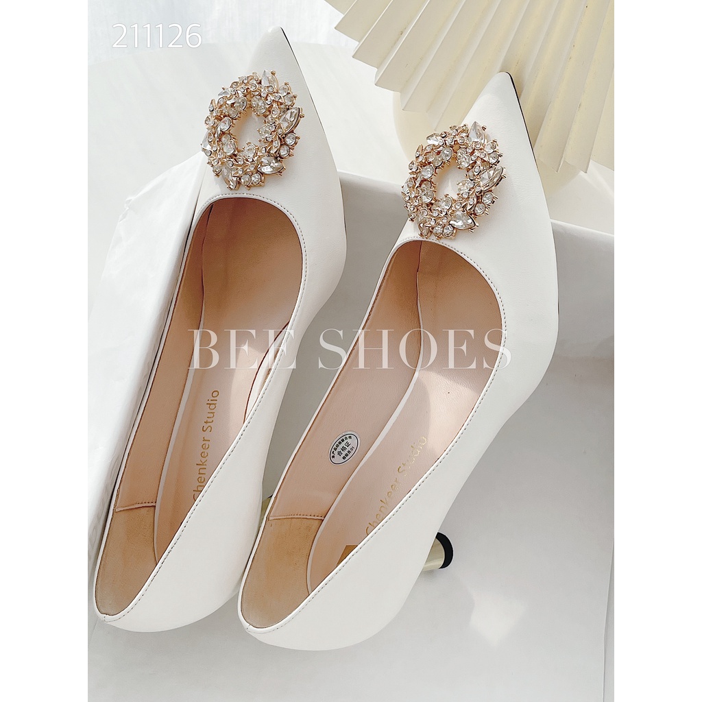 BEESHOES - GIÀY CAO GÓT NỮ MŨI NHỌN  - GIÀY CAO GÓT NỮ GÓT NHỌN CAO 5 PHÂN SẴN MÀU TRẮNG 211126