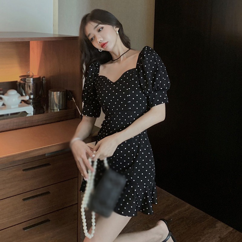 Đầm Tay Ngắn Cổ Vuông Họa Tiết Chấm Bi Phong Cách Hàn Quốc Thời Trang Mùa Hè Xinh Xắn Cho Nữ