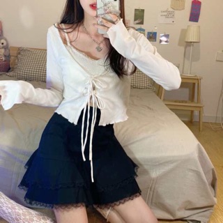 Áo bralette ren phối cardigan thắt nơ + chân váy tầng viền ren