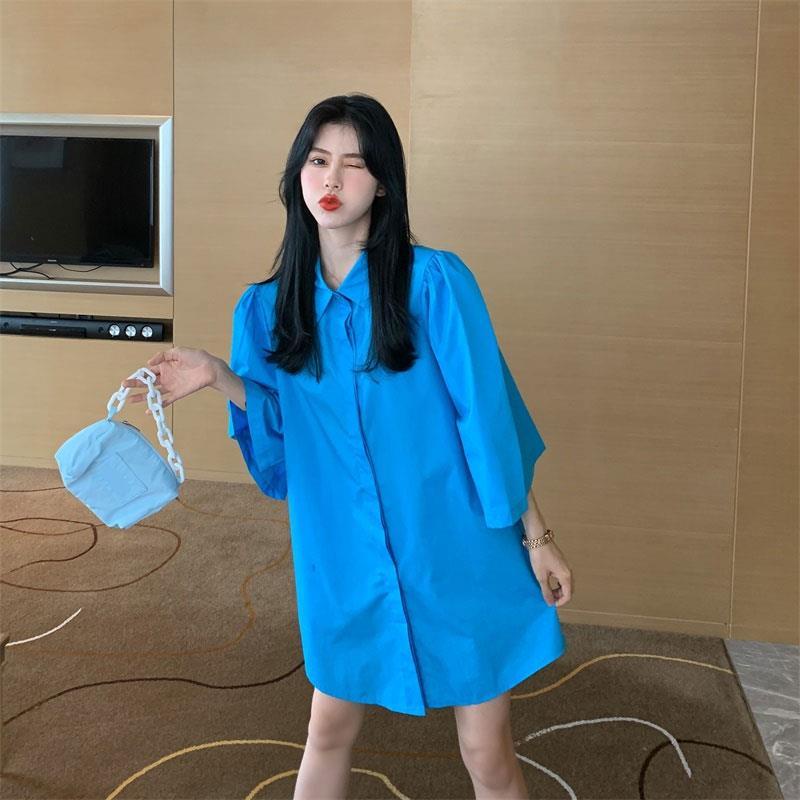 Áo Sơ Mi Ngắn Rộng Tay Phồng Màu Trơn Phong Cách Mới Mùa Hè 2023 Dễ Phối Đồ Dành Cho Bạn Nữ