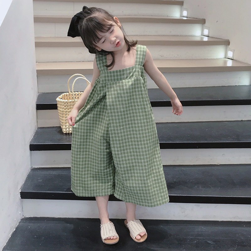 Áo liền quần Hai Dây Họa Tiết Sọc Caro Phong Cách Hàn Quốc Thời Trang Mùa Hè Cho Bé Gái