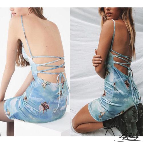 Đầm Ngắn Hai Dây Hở Lưng Eo Cao In Hình Thần Tình Yêu Thời Trang Mùa Hè Cho Nữ