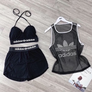 Set bikini phối áo lưới 3 món chất thun, lưới