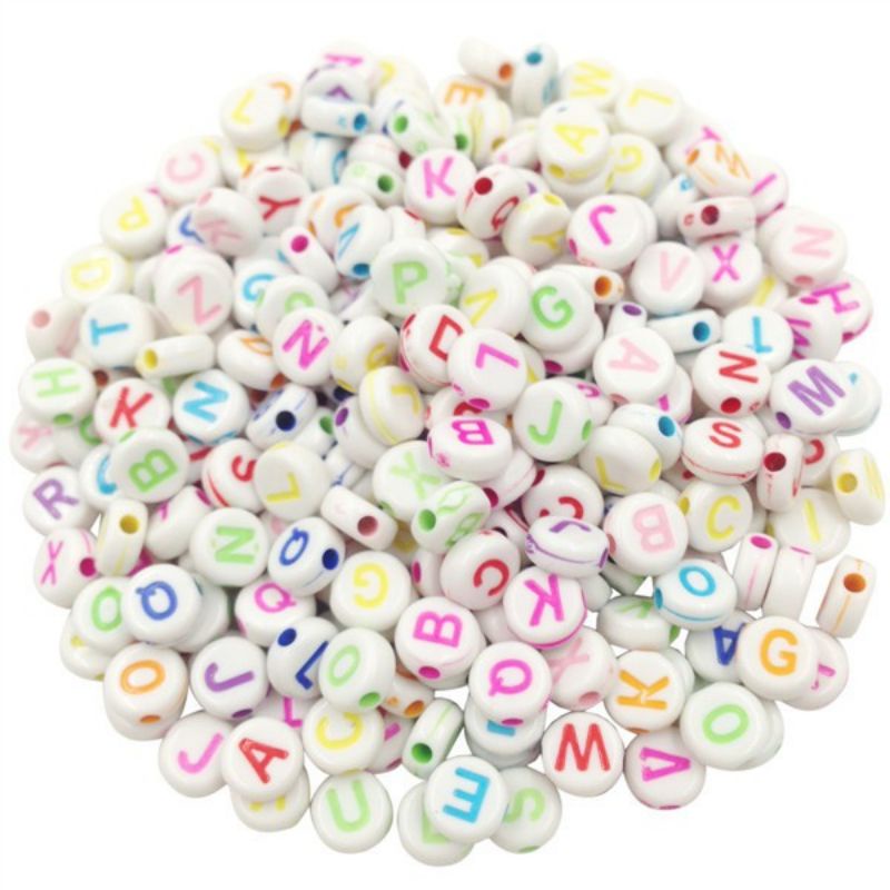 Set 100 hạt nhựa acrylic 4mmx7mm hình trái tim, chữ cái dùng làm trang sức thủ công