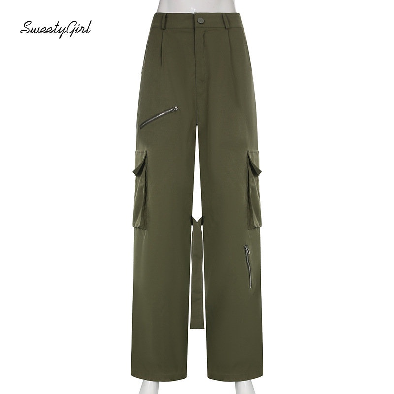 Quần Dài Ống Đứng Lưng Cao Màu Xanh Lá Cài Nút Thời Trang Đường Phố 2022 Cho Nữ