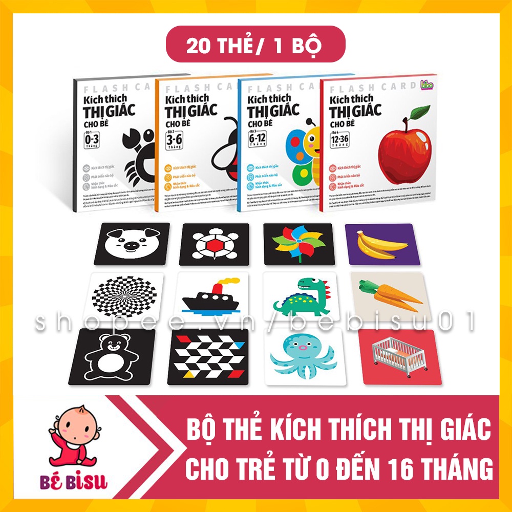 Bộ 20 thẻ kích thích thị giác, kích thích não phải cho bé từ 0 tới 36 tháng | Khổ 21x21cm | In 2 mặt chống thấm nước