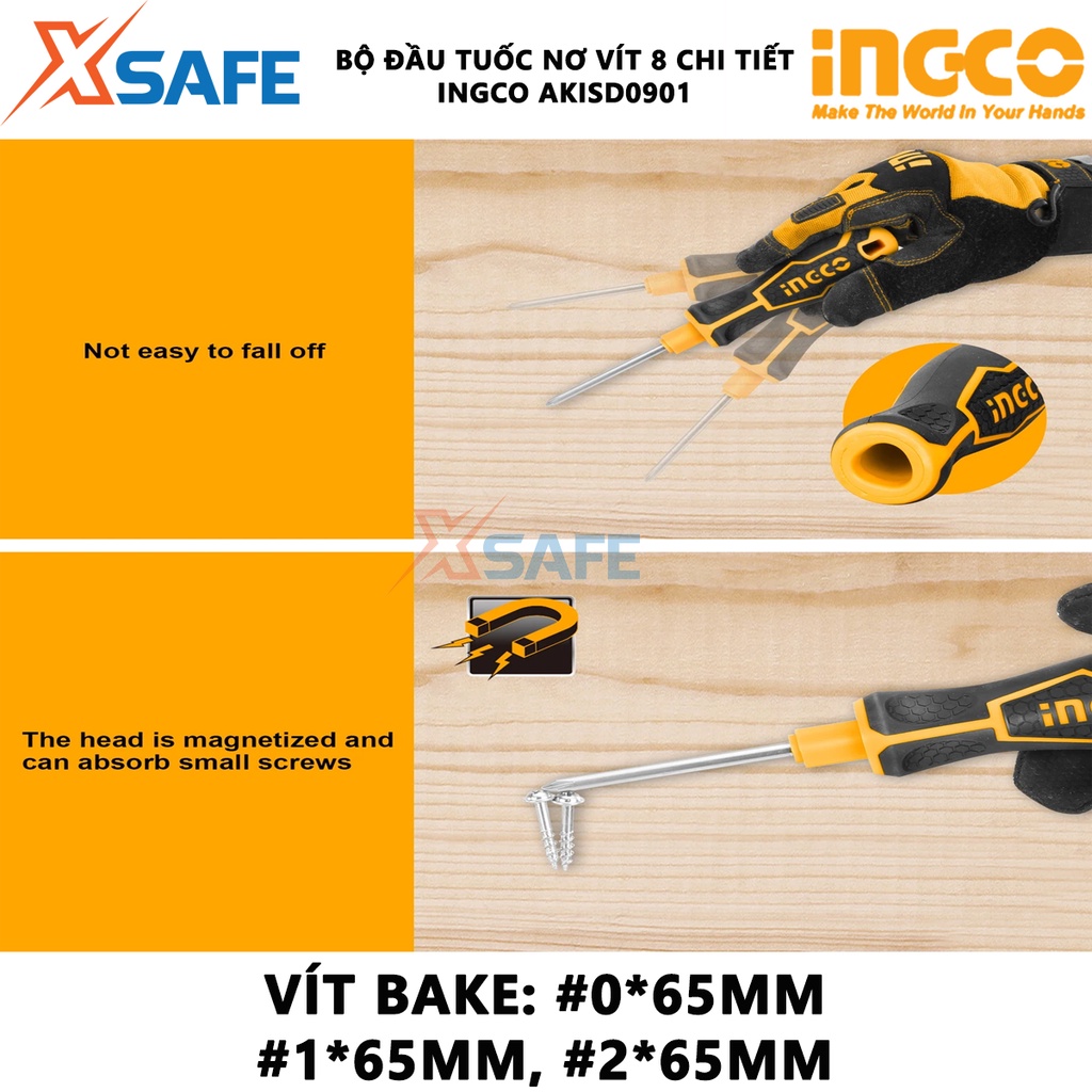 Bộ 9 tua vít đa năng INGCO AKISD0901 Bộ tuốc nơ vít thép CR-V đầu vít khỏe, cứng cáp, tay cầm có thể hoán đổi