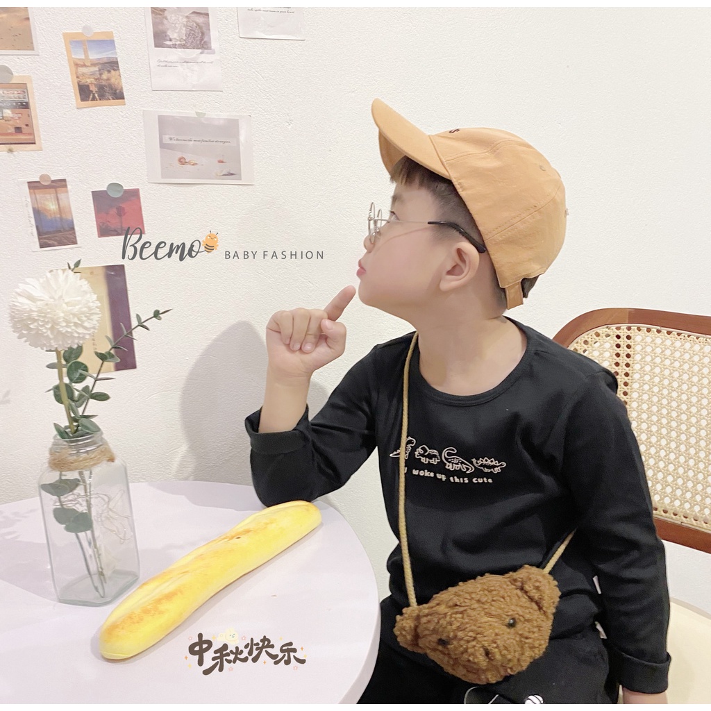 Áo phông bé trai dài tay hoạ tiết khủng long, áo thun len tăm bé trai basic Beemo