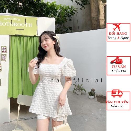 Set áo kiểu gấm nữ babydoll tay bồng nơ lưng tiểu thư bánh bèo kèm quần short đi biển ulzzang Hàn Quốc