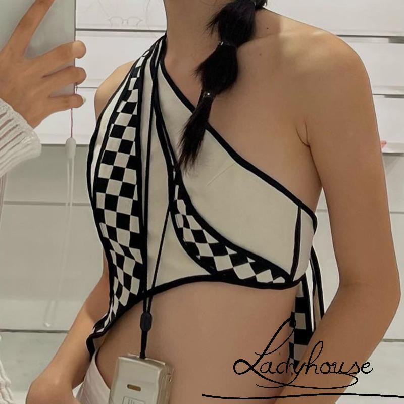 Áo Croptop Hai Dây Hở Lưng Dáng Ôm In Họa Tiết Kẻ Ô Gợi Cảm Cho Nữ