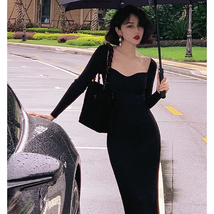 Đầm Dệt Kim Cổ Vuông Dáng Ôm Thời Trang Retro Pháp Xinh Xắn Cho Nữ