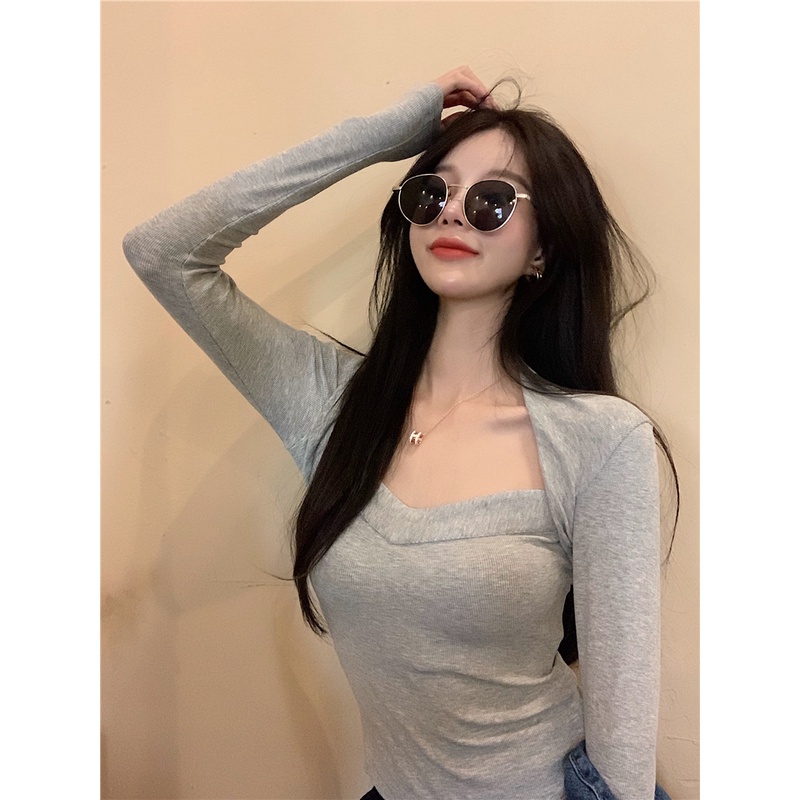 QKOOLE  Áo thun tay dài cổ chữ V màu trơn phong cách Hàn Quốc thời trang cho nữ