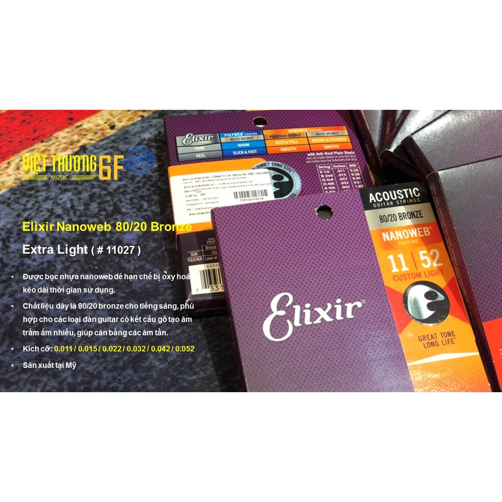Bộ dây đàn guitar thùng  nhập khẩu chính hãng Elixir