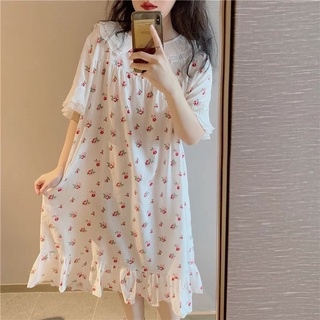 Váy đầm ngủ pijama trắng hoa nhí đỏ dễ thương ulzzang Hàn Quốc [Yannie]