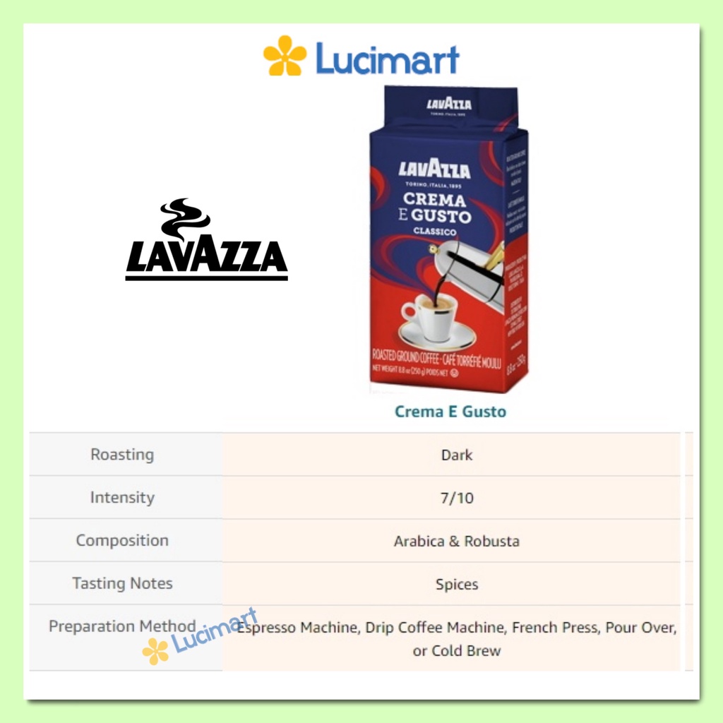 Cà phê Ý Lavazza rang xay sẵn Crema E Gusto Ground Coffee Blend, gói 250 gram [Made in Italy]