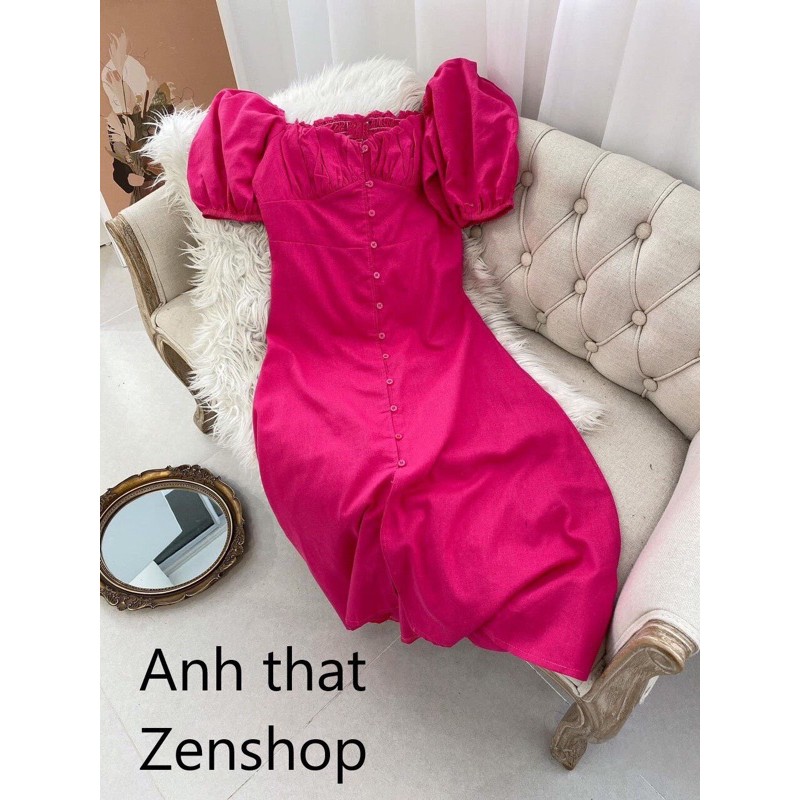 Đầm maxi tay bồng phối nút màu hồng sen xinh xắn - Pink Dress