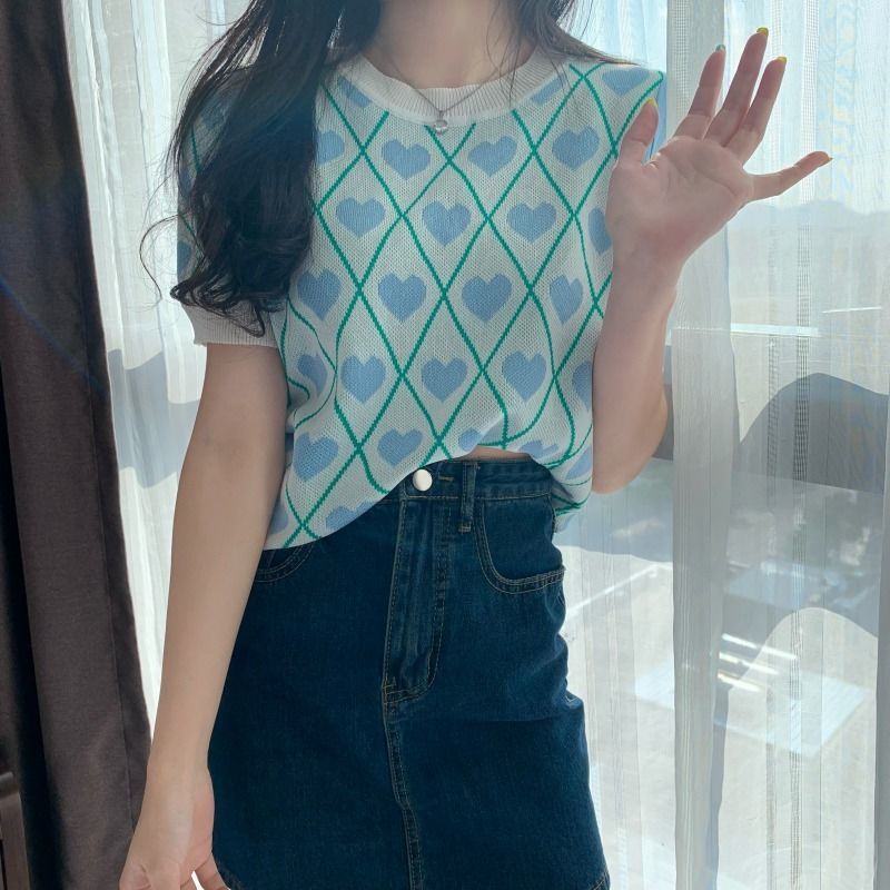 Áo Dệt Kim Tay Ngắn Họa Tiết Màu Sắc Tương Phản Xinh Xắn 185245 Áo Kiểu Hàn Quốc Dáng Ôm Thiết Kế Ngọt Ngào Dễ Phối Đồ