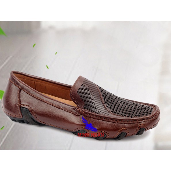 Giày rọ nam da bò cao cấp đẹp mẫu mới nguyên tấm Slipons đế khâu mùa hè đục lỗ thoáng khí Men’s Summer Shoes H-8 màu nâu