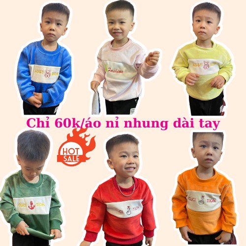 Áo thun dài tay cho bé trai, bé gái chất nỉ nhung mềm mại Xu Xu Kids cho bé mặc đi học đi chơi size từ 13 đến 28kg