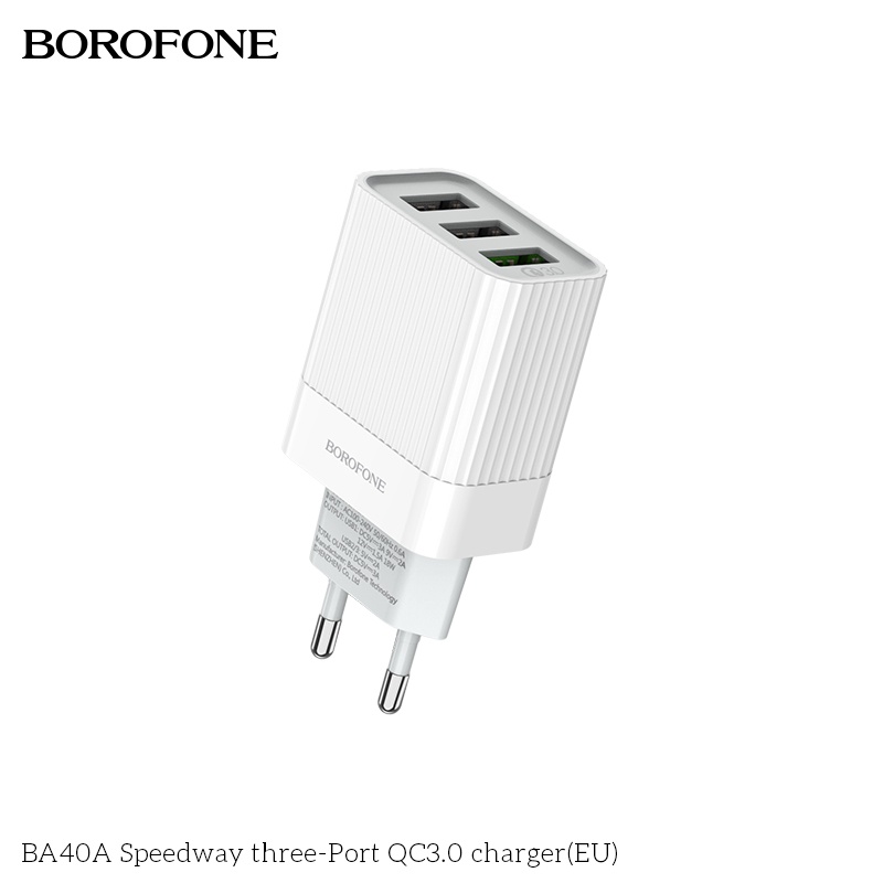 Củ sạc nhanh 18W-QC3.0 BOROFONE BA40A gồm 3 cổng USB dòng 3A - Chính hãng