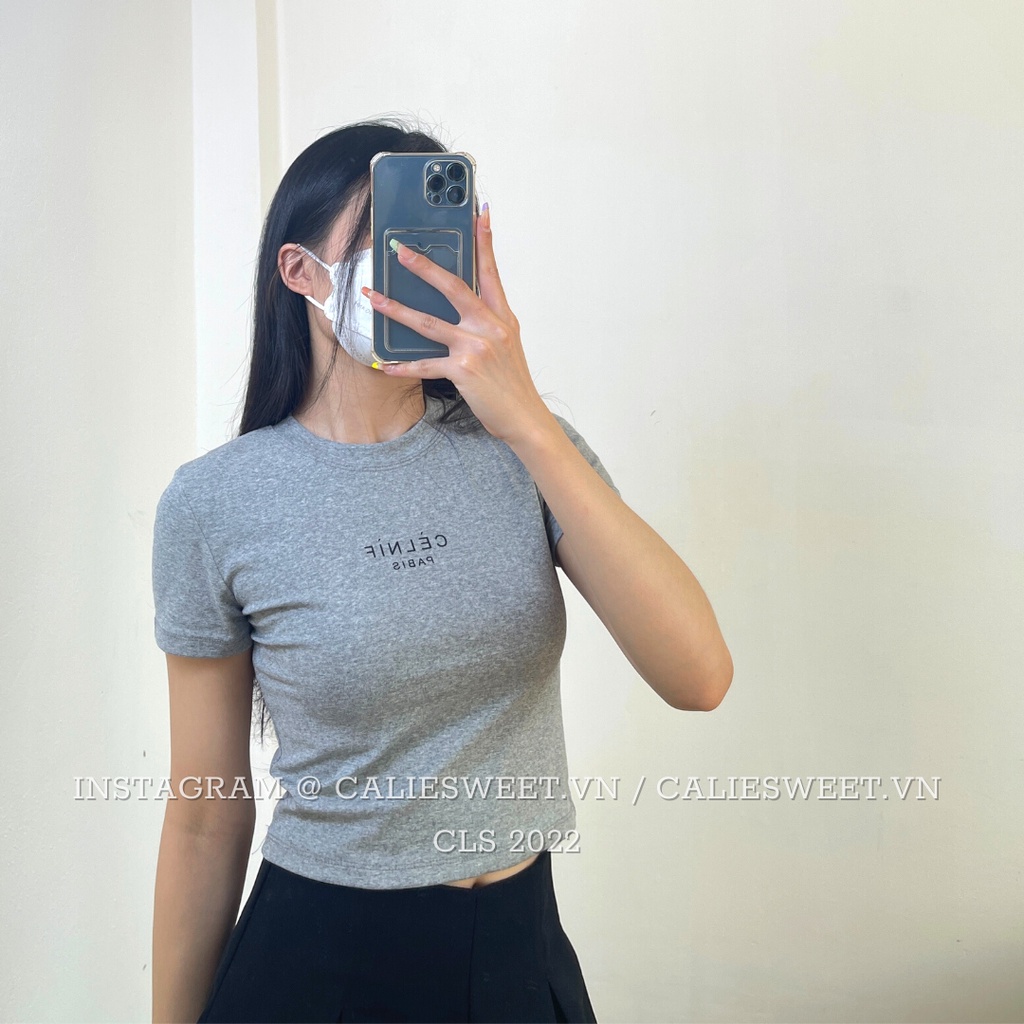 Áo thun croptop Caliesweet Áo croptop cổ tròn họa tiết Celnif