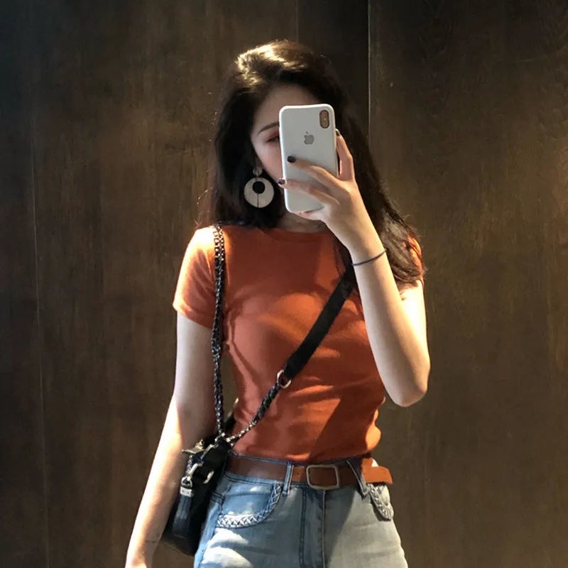 Áo Thun Cotton Tay Lửng Màu Đen Trơn Thời Trang 2022 Cho Nữ