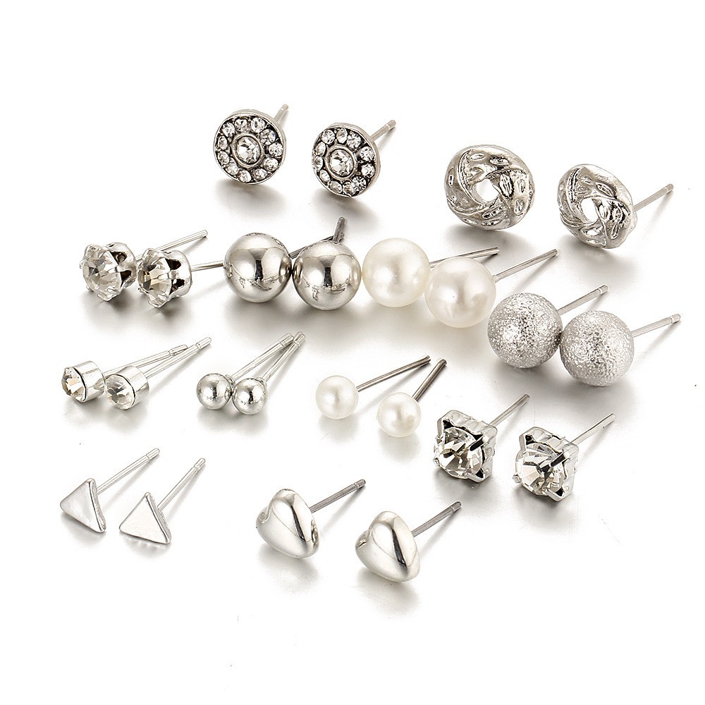 Set 12 đôi bông tai không trùng nhau có đính đá kim cương phong cách Nhật Bản Hàn Quốc dành cho nữ đeo một tuần