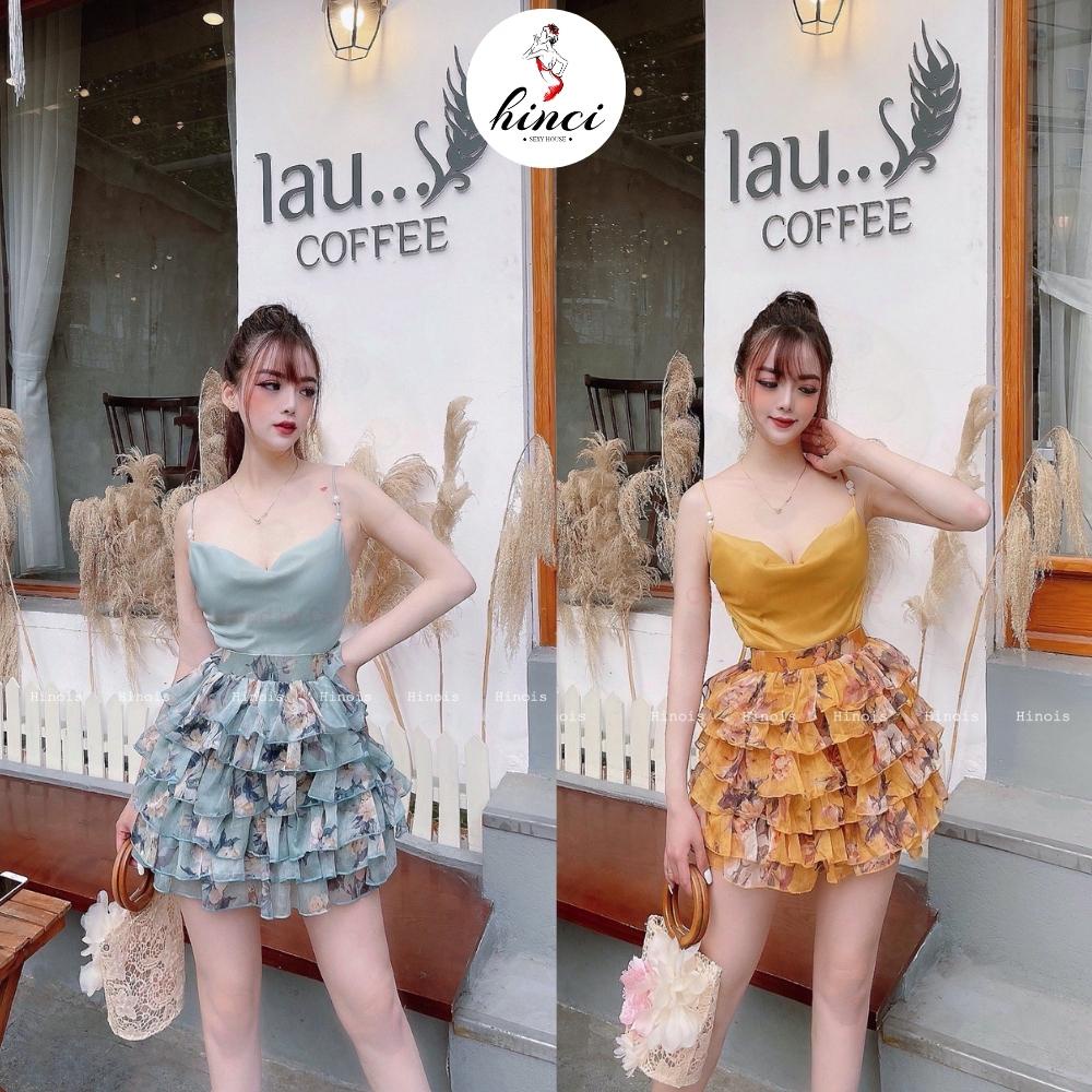 SET Đầm Áo 2 Dây Cổ Đổ Sexy, Chân Váy Hoa Xòe Tầng Hoạ Tiết Hoa, Áo Dây Có Đính Hạt Cổ Đổ Sexy, Chất Liệu Tơ Luạ [264]
