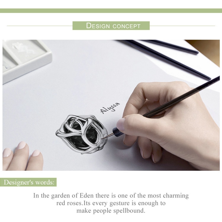 Mặt Trang Sức BAMOER SCC568 Bạc 925 Khắc Hình Hoa Đính Đá Màu Đỏ Tinh Tế Sang Trọng