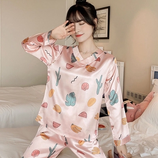 Set pijama dài tay cổ V + quần dài in hoạt hình cho nữ