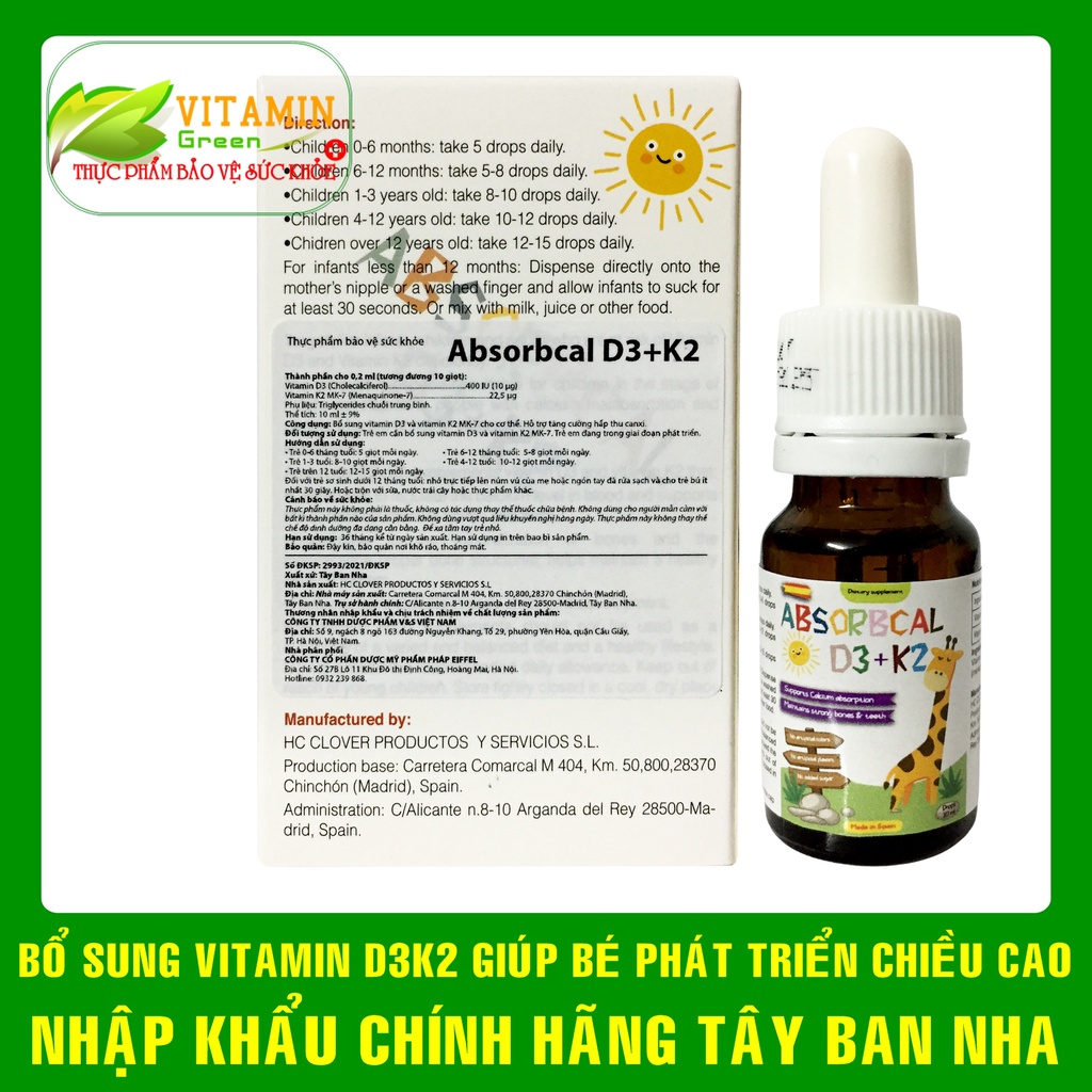 Vitamin D3 K2 cho bé ABSORBCAL D3+K2 giúp bé phát triển chiều cao | Nhập khẩu chính hãng Tây Ban Nha