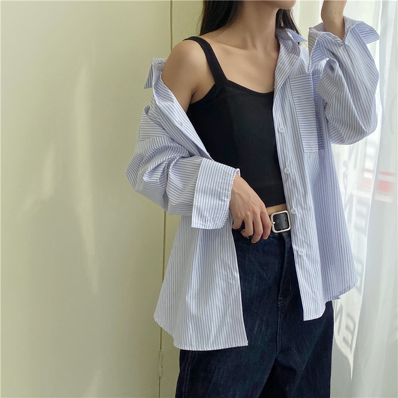 Áo sơ mi tay dài kẻ sọc phong cách cổ điển dễ phối đồ Xiaozhainv