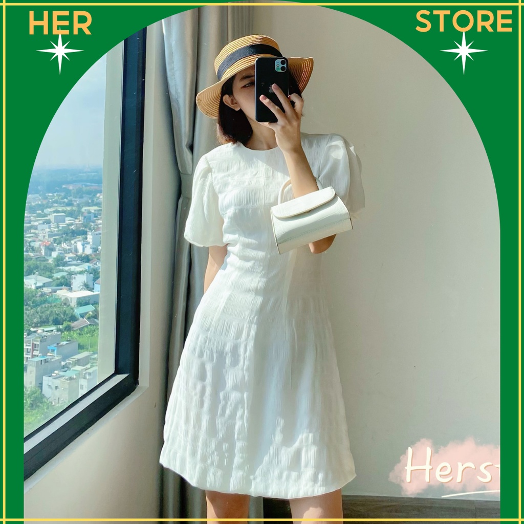 VÁY TRẮNG TAY PHỒNG DÁNG CHỮ A CHẤT LỤA -HERSTORE