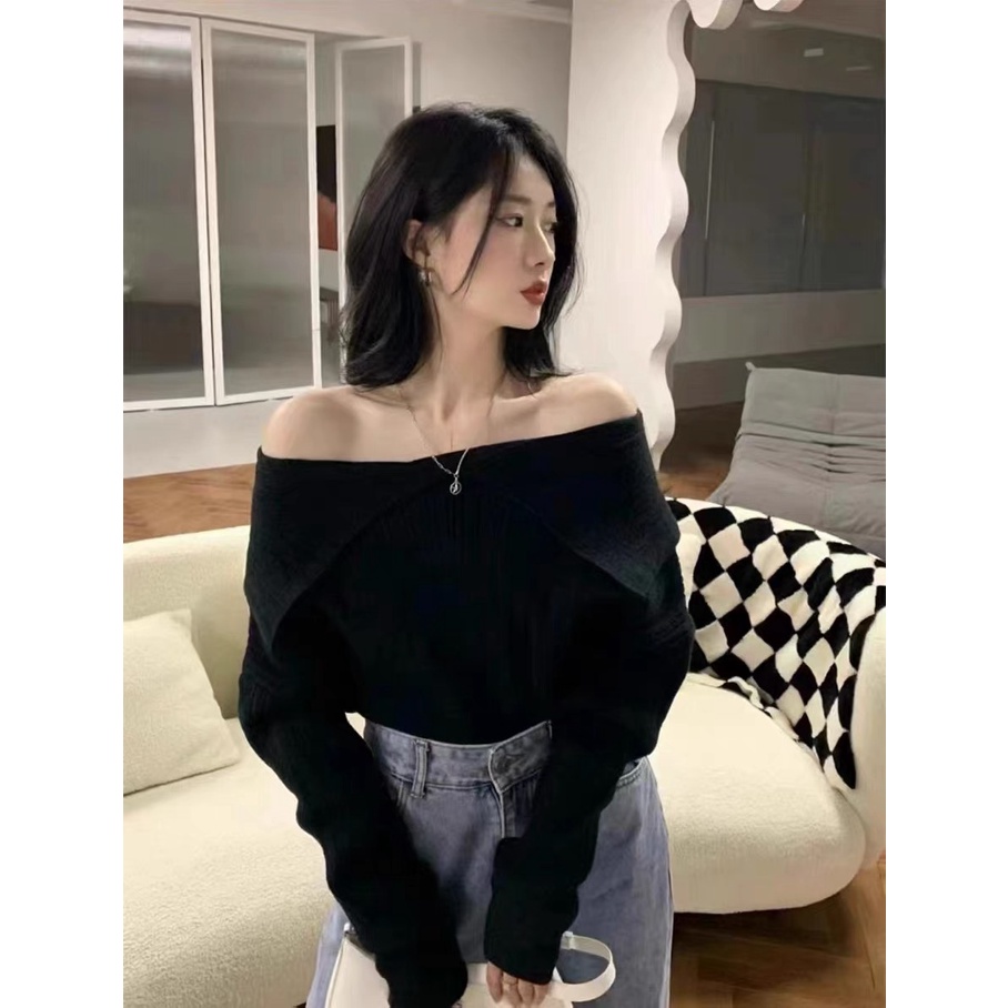 Áo Dệt Kim Tay Dài Hở Vai Dáng Ôm Phong Cách Hàn Quốc Thời Trang Cho Nữ