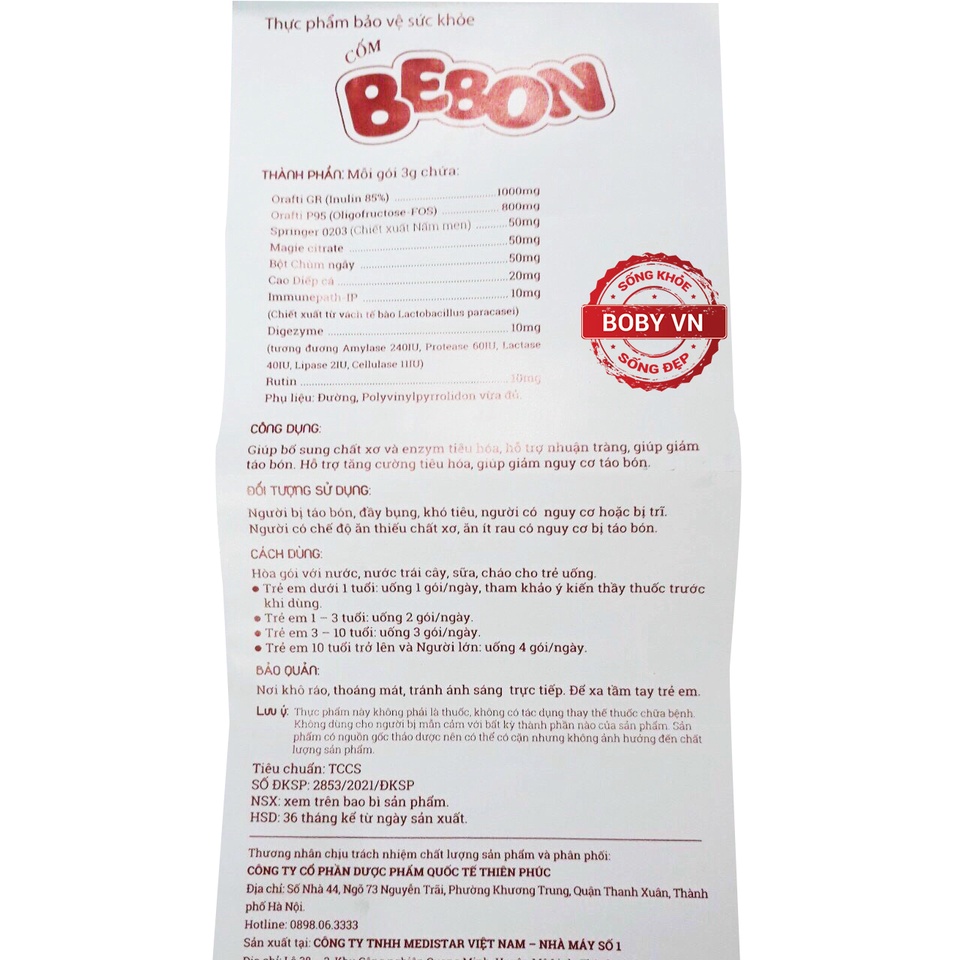 Cốm BeBon bổ sung chất xơ và enzym tiêu hóa, hỗ trợ nhuận tràng giảm táo bón thay thế cốm Pubodkid