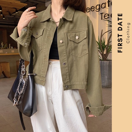 Áo khoác denim Áo khoác bò jean màu rêu thu đông FIRST DATE dài tay xiaoz