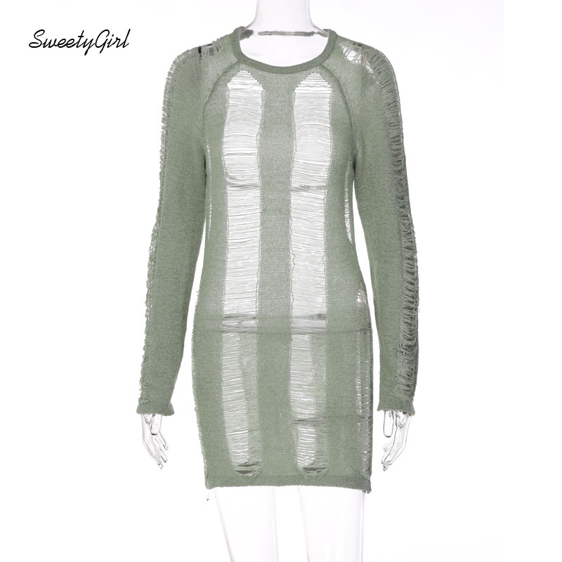 Đầm Mini Tay Dài Phối Rách Màu Trơn Thời Trang Quyến Rũ Dành Cho Nữ 2022