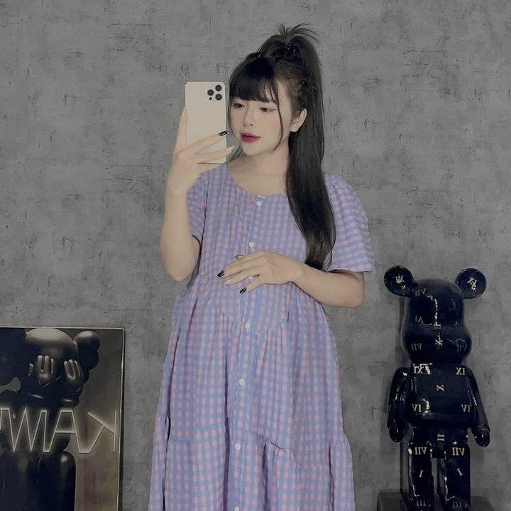 Váy Bầu kẻ khuy dáng xuông,tay bèo ,thiết kế điệu đà,phù hợp mặc đi biển ,đi du lịch ,freesize 42-68kg VB33