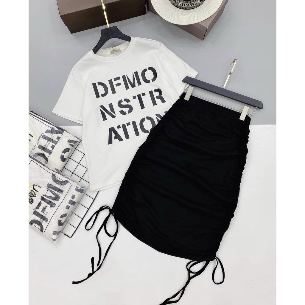 Set Bộ Áo Phông In Chữ Và Chân Váy Ôm Rút Dây Hai Bên Thời Trang Nữ Rose Fashion