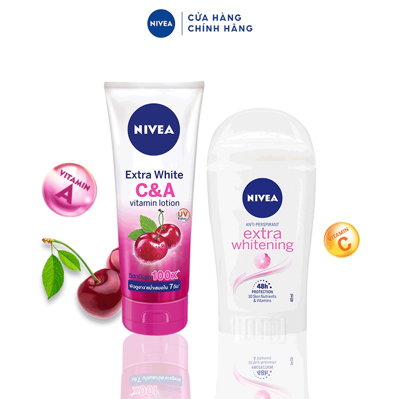 Bộ đôi dưỡng da đều màu,  mờ đốm nâu &amp; thâm sạm NIVEA: Dưỡng thể  Vitamin C&amp;A 180ML &amp; Sáp ngăn mùi mờ vết thâm 40ML