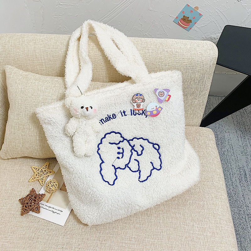 Korean version INS college wind autumn and winter style lovely cartoon plush single shoulder bag chic students hand shopping bag female