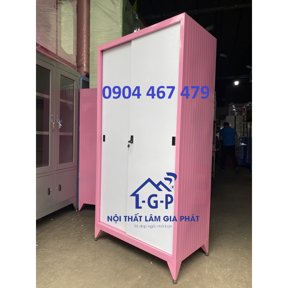 Tủ sắt cửa lùa 2 cánh sơn tĩnh điện màu hồng mới