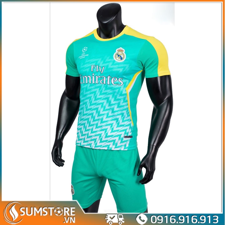 Bộ quần áo bóng đá CLB Real Madrid Xanh Ngọc - Vải Thun Mè Cao Cấp