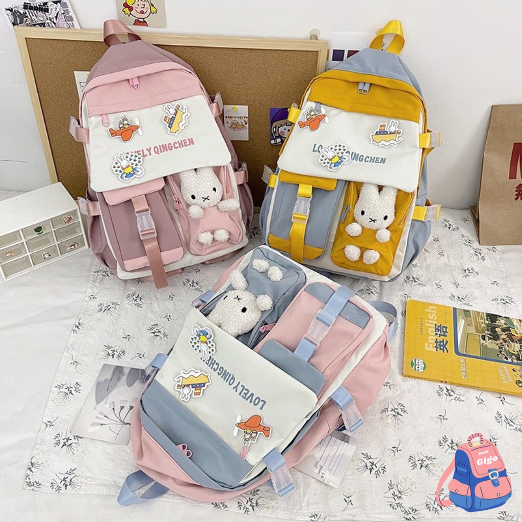 Cặp học sinh nữ dễ thương tặng kèm gấu + 3 sticker G202 - BaloGigo