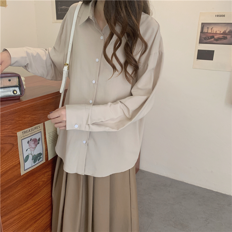 Áo sơ mi Xiaozhainv dáng rộng dài tay màu trơn dễ phối đồ phong cách Hàn Quốc dành cho nữ