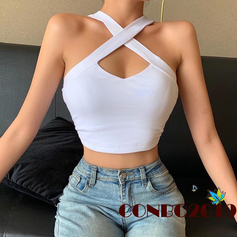 HGM-Women Casual Close-fitting Crop Tops, Solid Color Off-the-shoulder Sleeveless Tank Tops